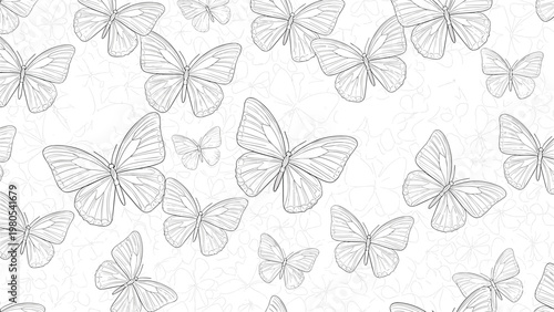 Subtle seamless pattern showcasing delicate black and white line art of various butterflies fluttering on a white background.
