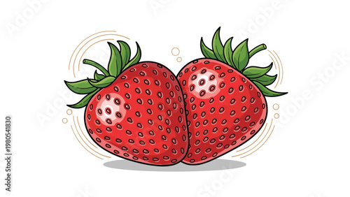Vibrant and detailed illustration of two fresh red strawberries with green leaves and a slight shadow on white.