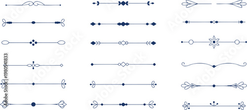 Collection of decorative dark blue line dividers and ornaments