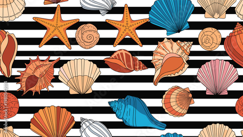Marine life theme seamless pattern features various seashells and starfish over a bold black and white horizontal striped background.