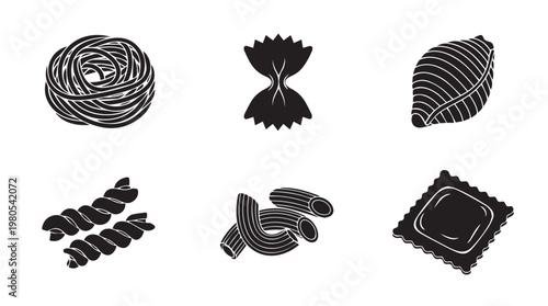 Various pasta shapes in a clean flat design illustration against a white background