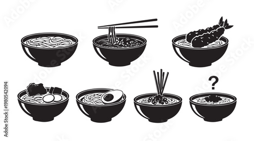 Variety of Japanese noodle soup bowls with chopsticks and garnishes in black and white silhouette