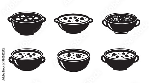 Various Soup Bowls with Ingredients in Silhouette Style