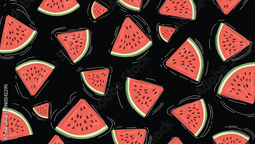 Vibrant pattern of juicy watermelon slices with black seeds scattered over a dark background for refreshing summer textile or wallpaper design.