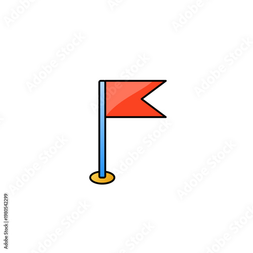 Minimalist red pennant flag icon on a blue pole. Flat vector illustration symbolizing a marker, destination point, goal achievement, warning signal, or notification, isolated on white background.