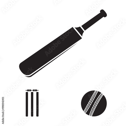 Summer cricket sport icons with bat ball and wicket set