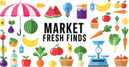 Colorful Fruits, Vegetables, and Shopping Icons with Price Tags, Scales, and Labels for Food, Grocery, and Retail Themes