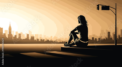 Lonely Woman Sitting on Sidewalk in City during Sunset