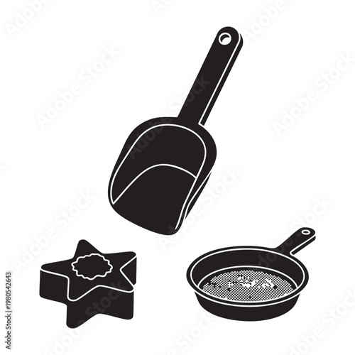 Beach sand play icons with scoop mold and sifter pan set