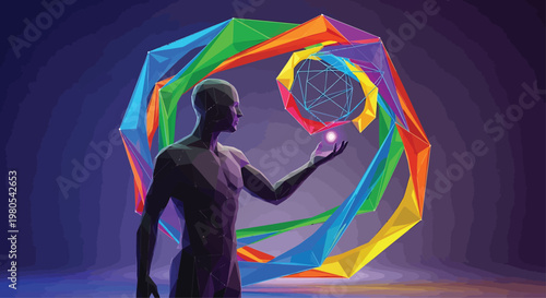 Man Holding Rainbow Dreamcatcher in Dark Tunnel