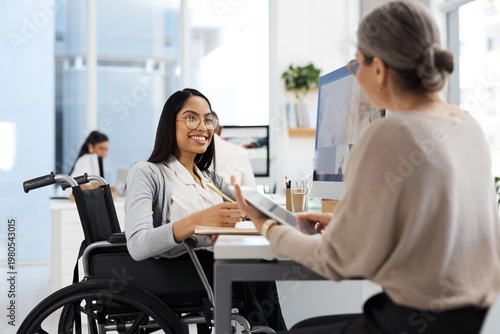 Bilde på lerret Mentor, wheelchair and women with tech at inclusive office for writing, training or research at desk