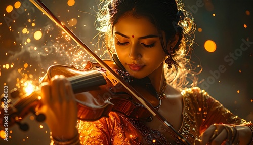 Young Indian Woman Playing Violin with Golden Sparkles.