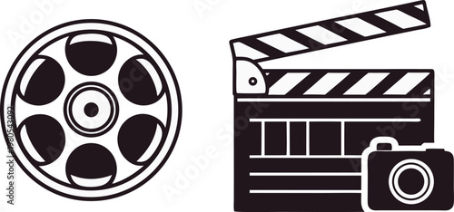 Film Elements Cinema Illustration Design. Movie Production Elements Illustration. Film Industry Equipment Design Illustration. Cinema Film Elements Illustration Design. Movie Making Tools Illustration