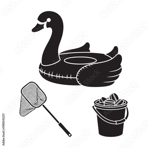 Pool day icons with swan float cleaning net and bucket
