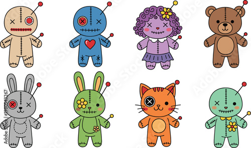 Creepy cute voodoo doll characters collection with stitched plush toys, spooky cartoon figures with pins and patches in colorful vector set isolated on white background