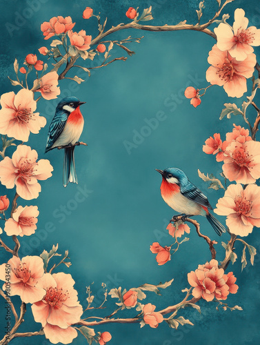 Bird blossom floral spring vintage pastel teal frame romantic nature illustration with delicate bird blossom floral spring vintage pastel teal frame romantic mood on textured background