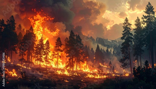 Forest fire consuming trees and creating thick smoke that fills the sky. Intense flames illuminate the surrounding landscape during the sunset
