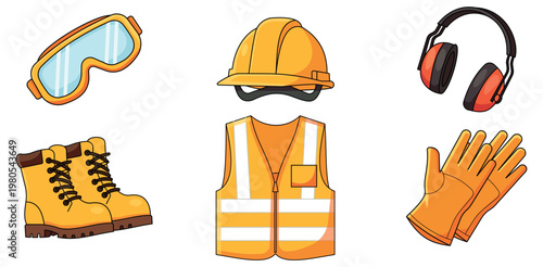 Construction personal protective equipment icons industrial safety gear hard hat boots goggles vest gloves earmuffs sets