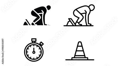 Athletics Icons Set: A comprehensive collection of iconic symbols for track and field events, including a runner at the starting line, stopwatch, and traffic cone.