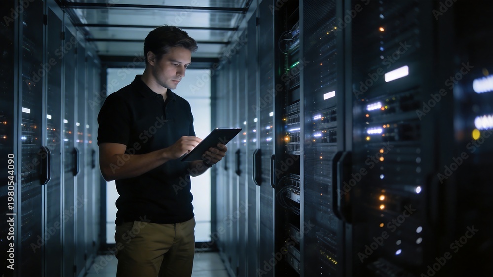 Fototapeta premium Man working with tablet in server room
