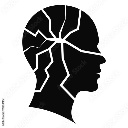 Cracked head, broken mind, mental health, psychology symbol, black silhouette
