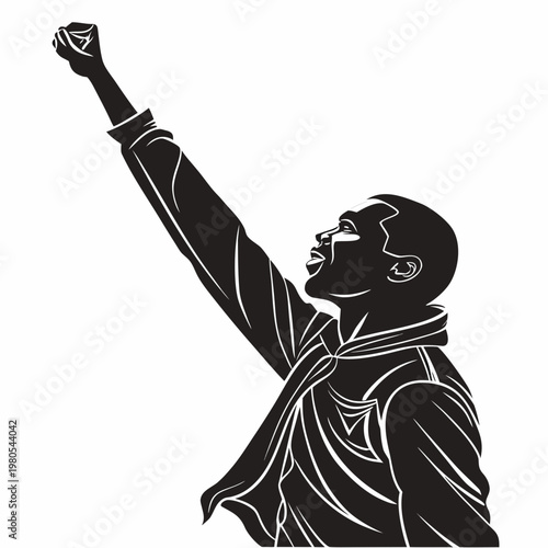 Black silhouette protester, raised fist, activist icon, social movement symbol