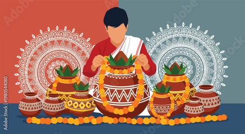 A person performing a traditional Indian ritual with decorated kalash pots, marigold garlands, and mango leaves, set against a vibrant background with mandala patterns.