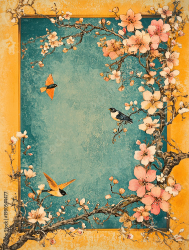 Floral frame cherry blossom songbird vintage art turquoise background yellow border spring season nature illustration decorative design blooming branch floral frame cherry blossom songbird vintage