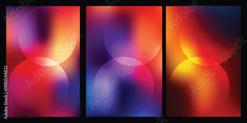 Abstract cosmic nebula triptych with vibrant and contrasting color gradients