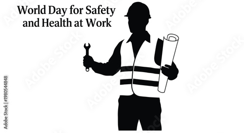 Silhouette of construction worker holding wrench and blueprints with safety text