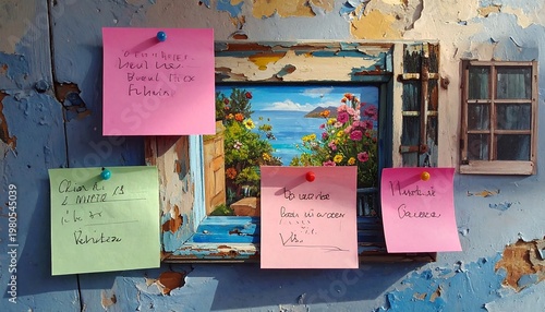 A weathered wall with a scenic painting and post-it notes