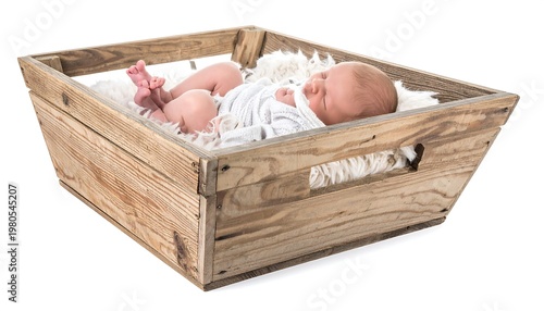 A newborn infant sleeps peacefully, curled on fluffy white bedding inside a rustic wooden crate with cut-out handles
