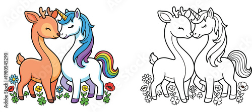 Adorable Unicorn and Fawn Hugging Cute Friendship Illustration