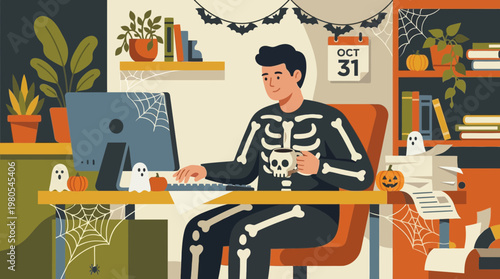 Man in Skeleton Costume Working at Computer on Halloween