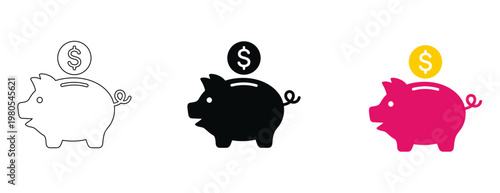 Piggy bank icon set for savings and finance