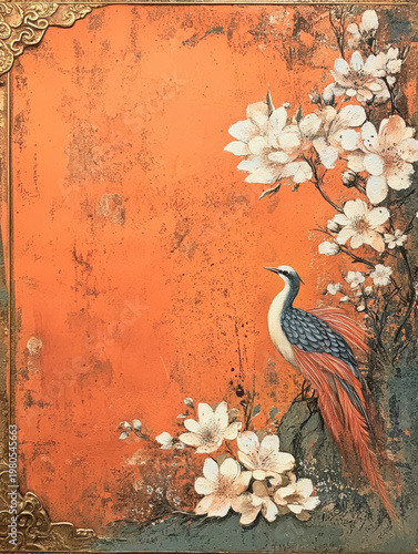 Vintage painting orange background exotic bird white flower gold frame floral art elegant design Asian style rustic texture decorative border Vintage painting orange background with exotic bird