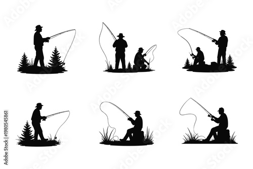 Fishing Silhouettes, Black Icons, Vector Fishing Illustrations, Outdoor Activities