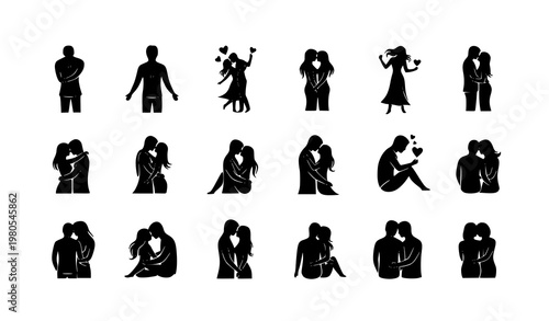 Affectionate couples hugging and kissing silhouette icons romantic love vector