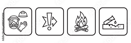 Construction safety instruction icons vector set, PPE, caution, fire and hazard symbols, workplace safety guidelines collection, minimal outline design for industrial signage and training use
