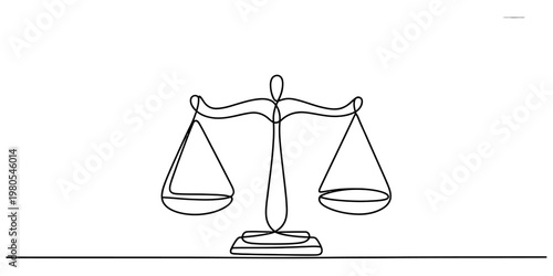 A minimalist single line drawing illustration of a balanced scale representing justice and law. Vector, illustration