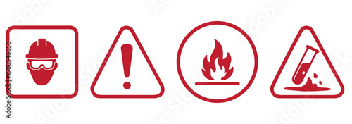 Biohazard, radiation, skull and crossbones, exclamation mark, flammable, chemical hazard, high voltage, explosive icon set. Hazard and warning sign icon set. Caution, danger, fire, high voltage, toxic