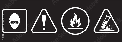 Biohazard, radiation, skull and crossbones, exclamation mark, flammable, chemical hazard, high voltage, explosive icon set. Hazard and warning sign icon set. Caution, danger, fire, high voltage, toxic