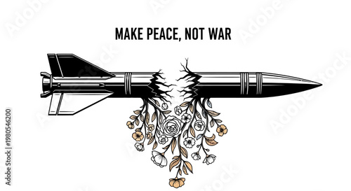 Broken Missile Turning Into Flowers Anti War Symbol Concept.