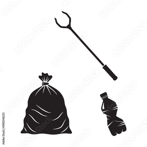 Beach cleanup icons with litter picker and trash bags