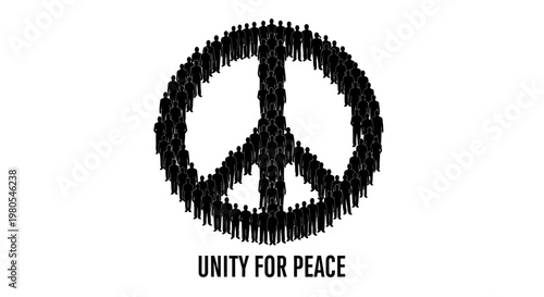 A crowd of people forming a peace symbol representing unity for peace.