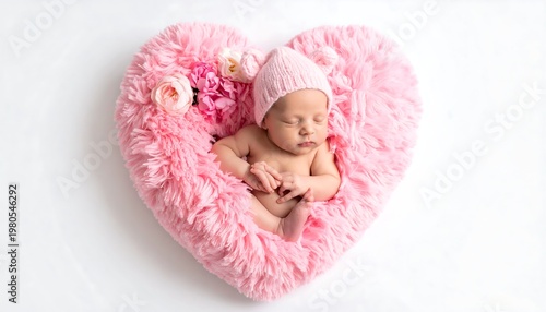 A newborn infant sleeps peacefully nestled inside a fluffy, heart-shaped pillow, wearing a matching knit hat, with floral accents