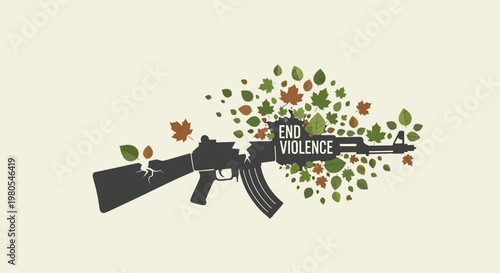 Canvas Print Conceptual art showing an assault rifle transforming into a collection of autumn leaves with text