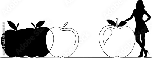 Silhouette of a slim woman standing next to giant apples concept