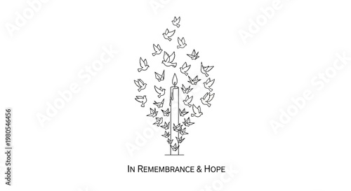 Memorial candle illustration with flying birds and In Remembrance and Hope text.