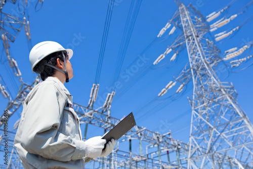 送電鉄塔を見上げる作業員